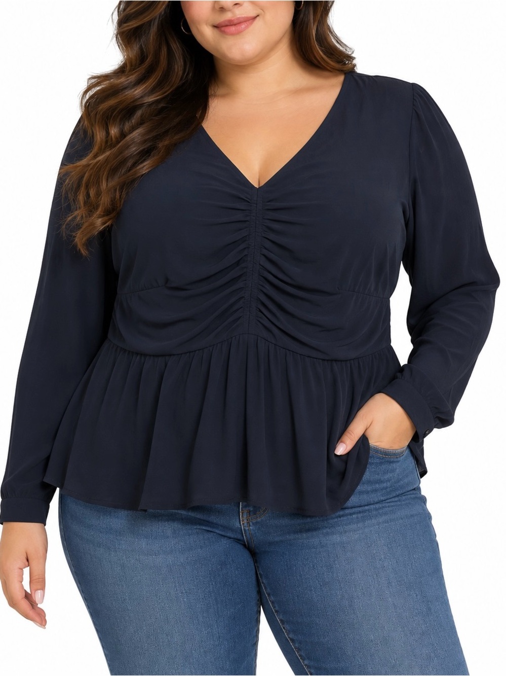 I.N.C. International Concepts Black Ruched Peplum Blouse 1X